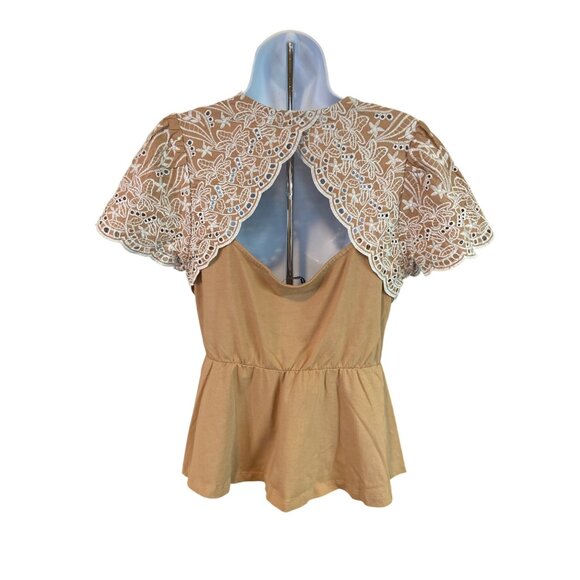 Boston Proper Peplum Wrap Top M Tan Lace-Trim V Neck Boho Chic Cottagecore - Picture 3 of 9